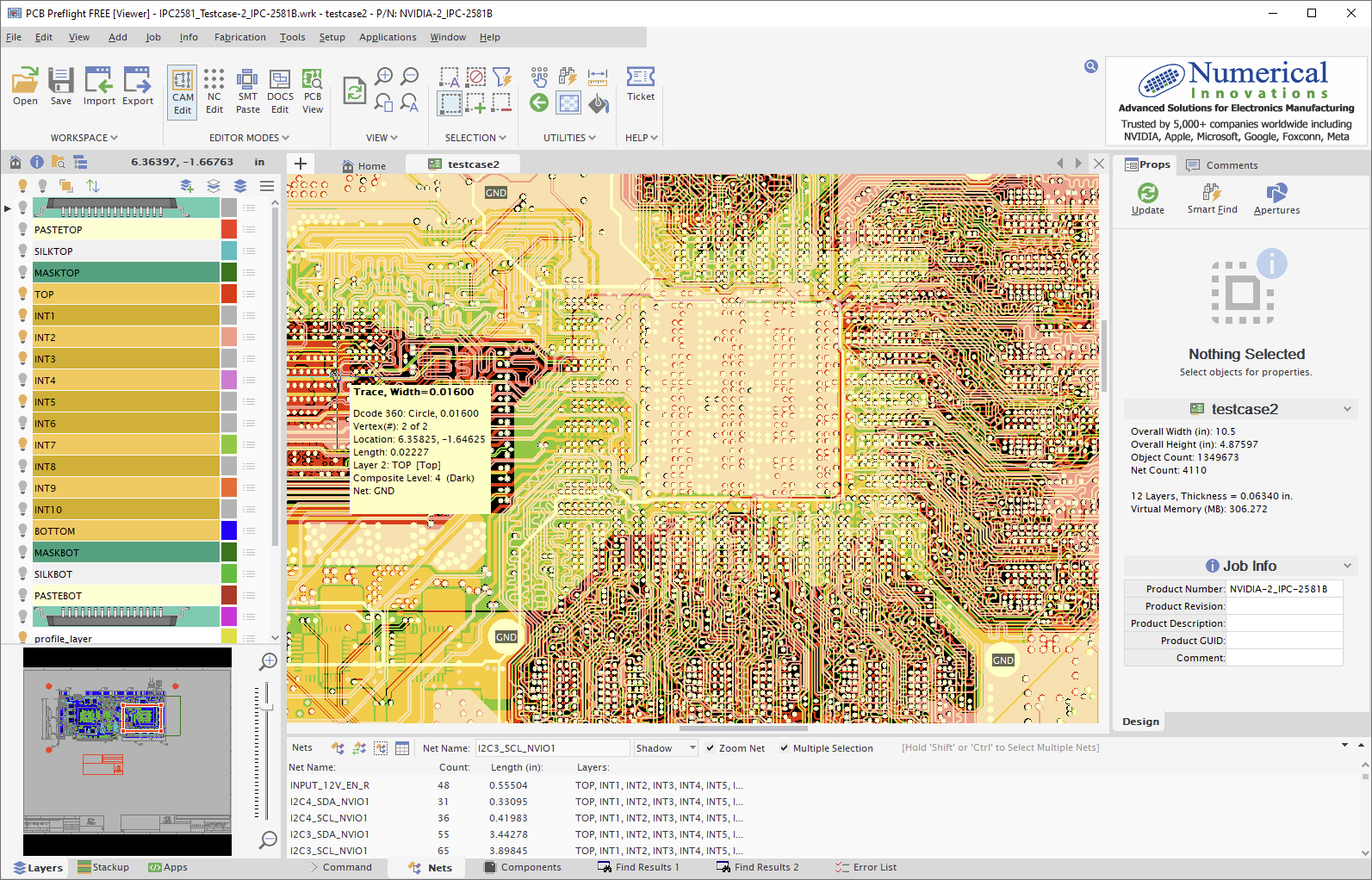 PCB Preflight Version 9 viewer with a multi-layer PCB job open, showing layers, properties and job information