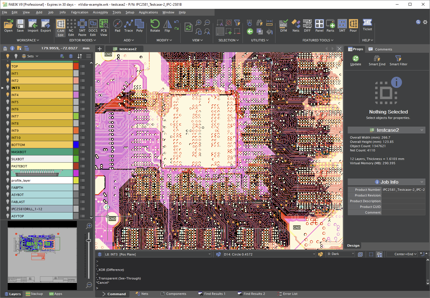 FAB 3000 CAM software interface showing PCB Gerber file editing and DFM analysis tools