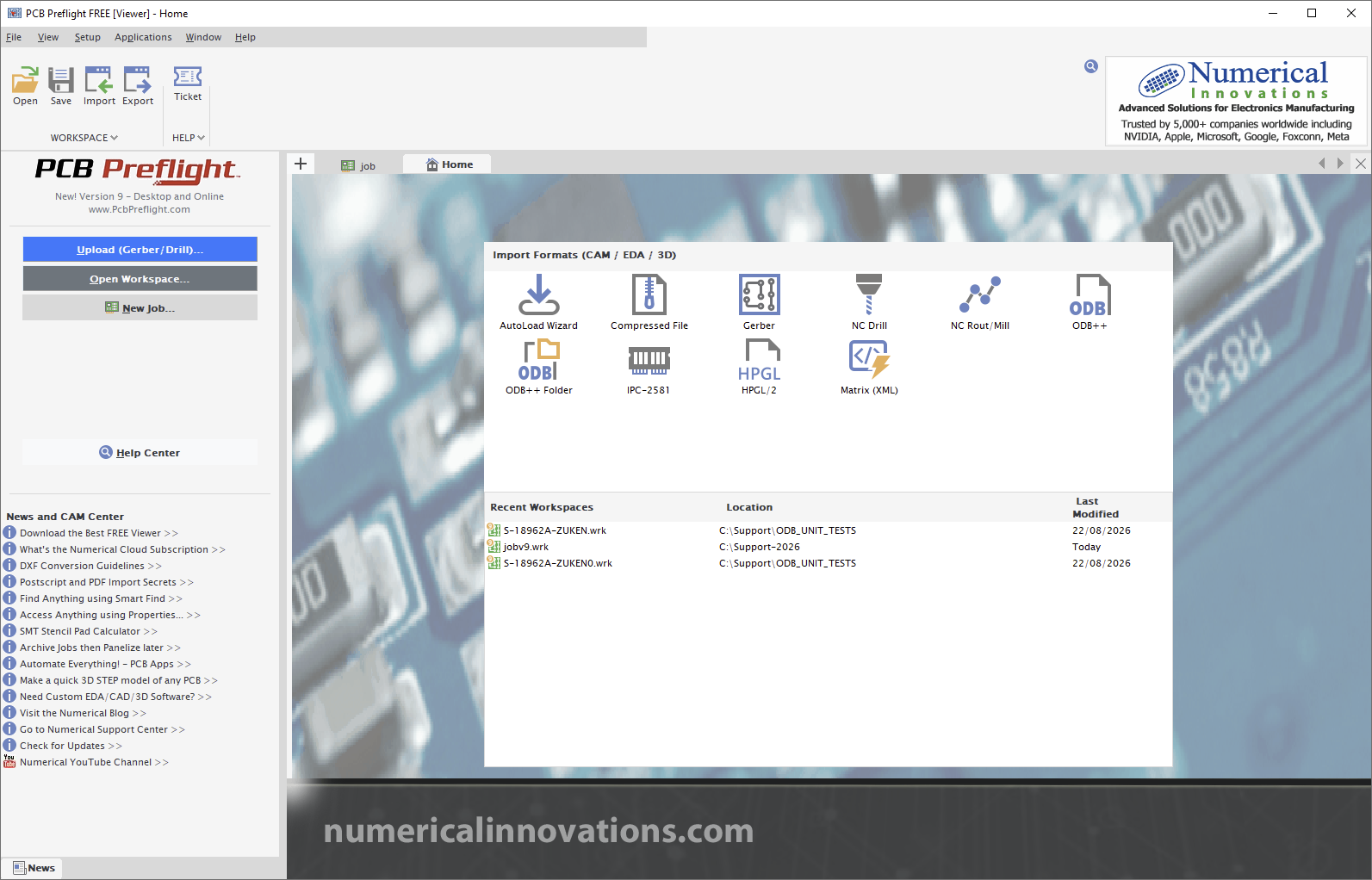 PCB Preflight Version 9 Home screen showing supported import formats: AutoLoad Wizard, Compressed File, Gerber, NC Drill, NC Rout/Mill, ODB++, ODB++ Folder, IPC-2581, HPGL/2 and Matrix XML