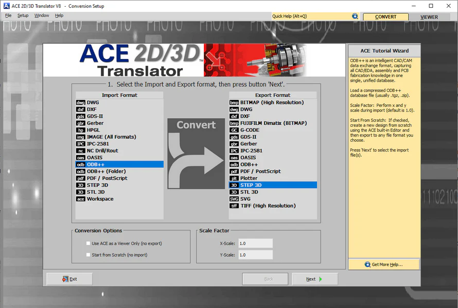 ACE 2D/3D Translator software interface