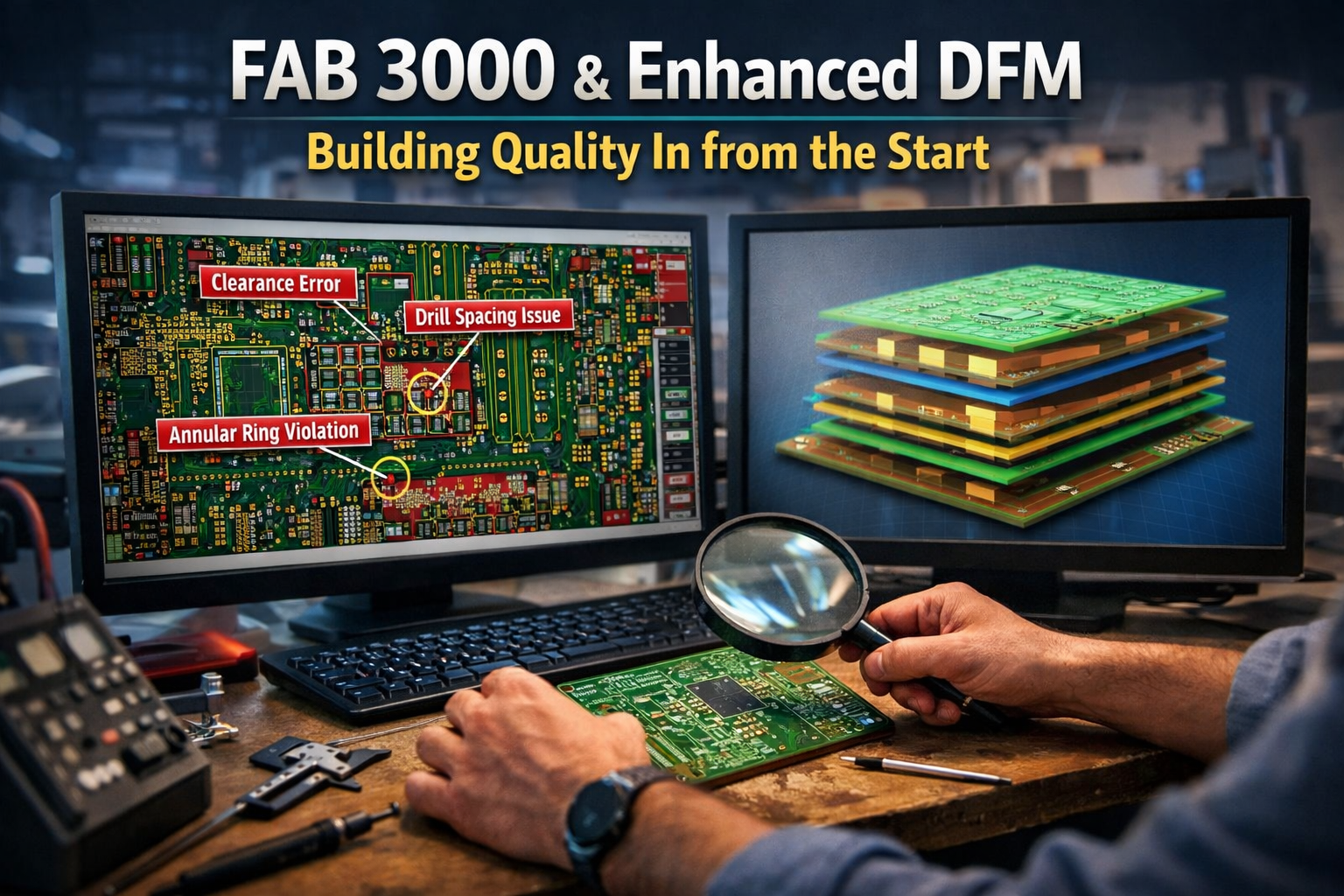Engineer reviewing PCB design with enhanced DFM checks using FAB 3000 CAM software