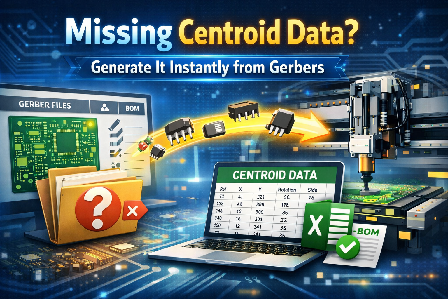 Generate centroid (pick-and-place) data instantly from Gerber files using FAB 3000