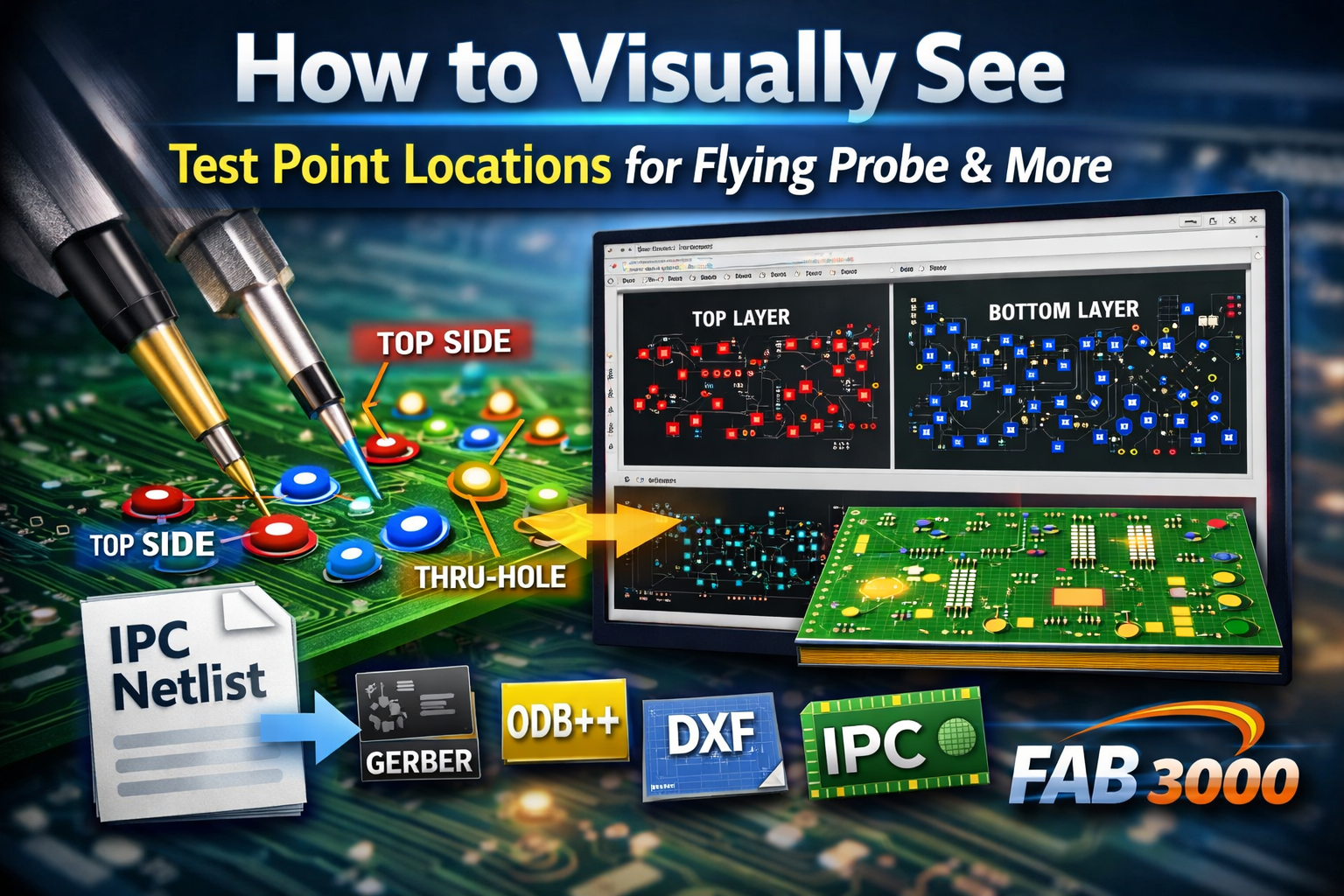 PCB test point visualization for flying probe testing using IPC Netlist in FAB 3000
